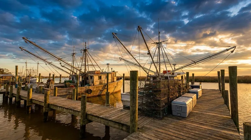Shrimp boats with outriggers tied up at a wooden dock at sunrise, How to Start a Charter Fishing Business in South Carolina