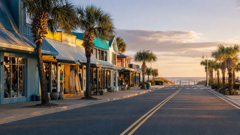 Low beach-town shops and palms beside a coastal boulevard, Horry County Business License