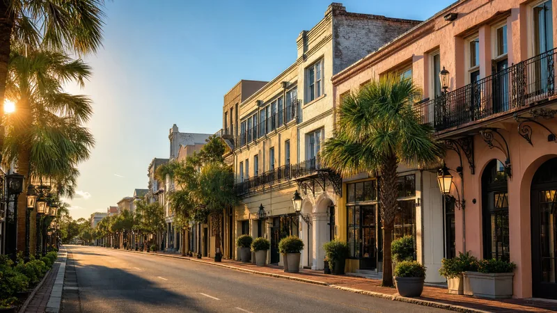 Pastel two-story storefronts with iron balconies and palmettos, Charleston County Business License