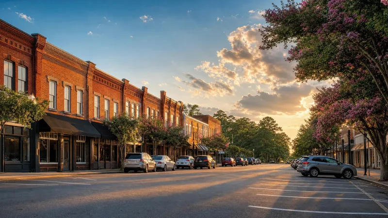 Brick storefronts on a wide Southern main street with crepe myrtles, Richland County Business License
