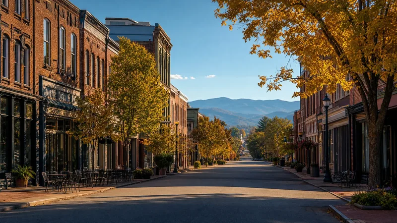 Restored brick mill-town storefronts with Blue Ridge foothills beyond, Greenville County Business License