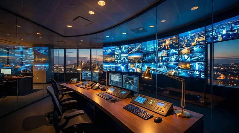 Security operations desk with a wall of camera monitors, How to Start a Security Guard Company in South Carolina