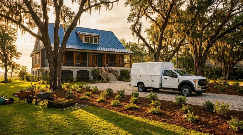 White service truck by a raised porch home under live oaks with Spanish moss, How to Start a Pool Construction or Pool Service Business in South Carolina