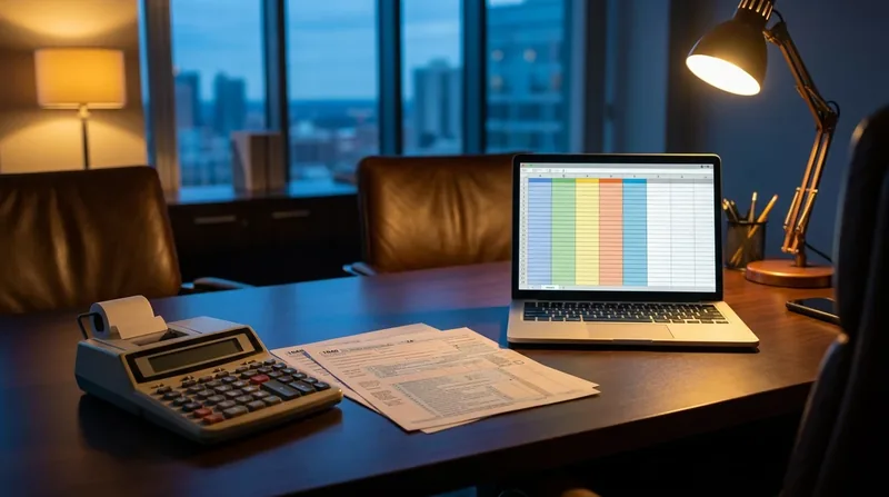 Calculator, tax forms and a spreadsheet on a laptop at dusk, South Carolina Retail License
