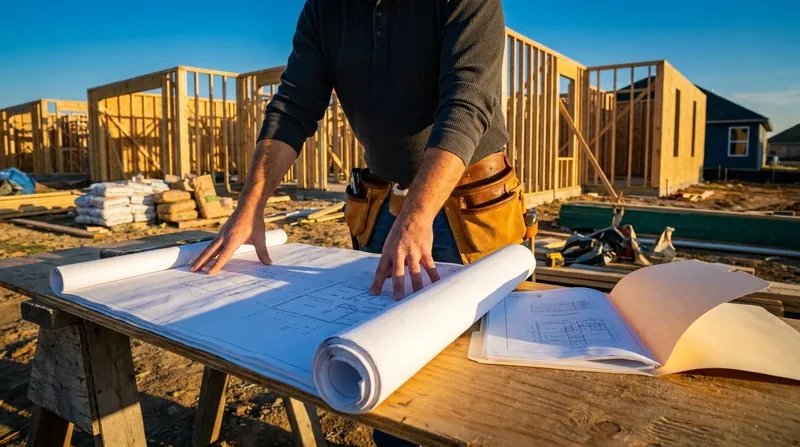 Contractor reviewing blueprints at a framed residential jobsite, How to Get a Contractor License in South Carolina