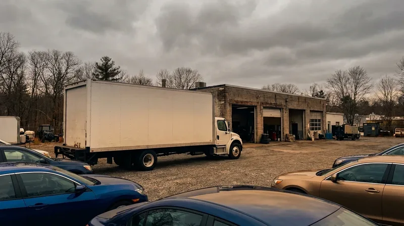 Box truck and parked cars outside a small service garage under a grey sky, How to Start a Driving School in South Carolina
