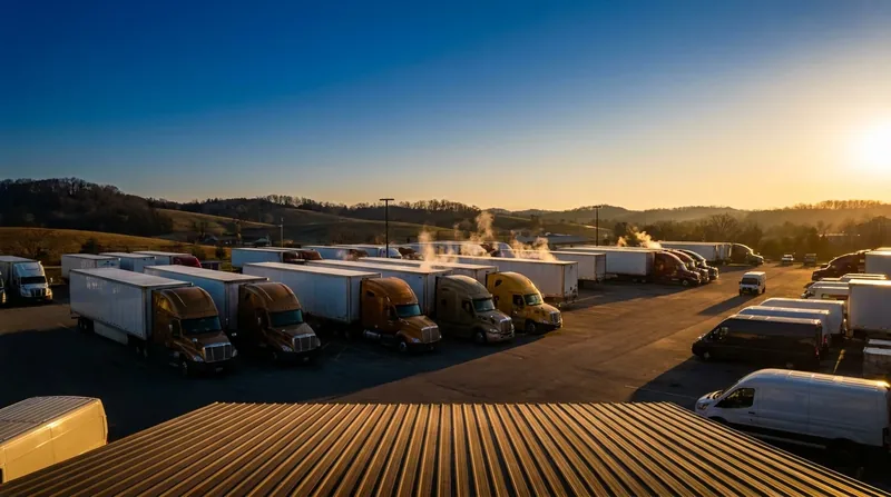 Box trucks and semis parked at a logistics yard at sunrise, How to Start a Scrap Metal Recycling Business in South Carolina